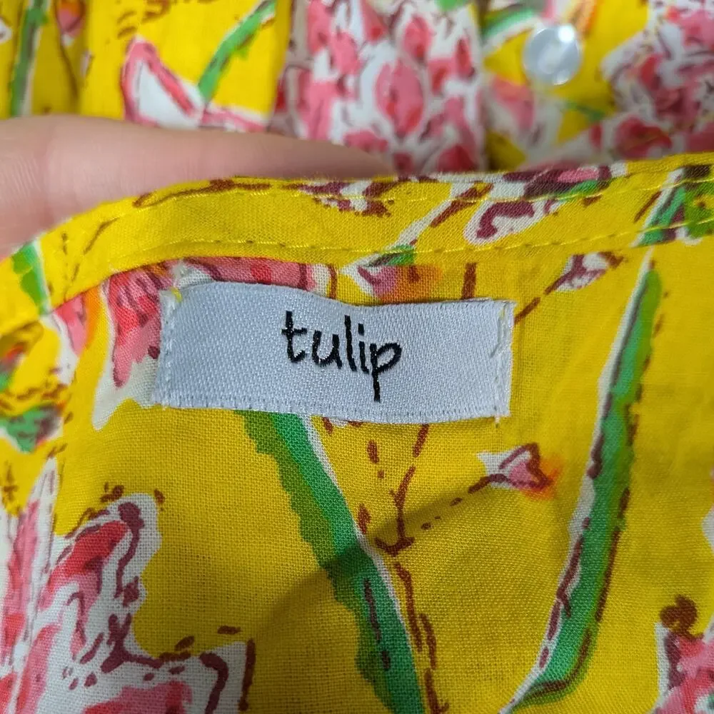 Floral Midi Shirt Dress S Yellow Pink Cotton India Sleeves Summer Church Empire
